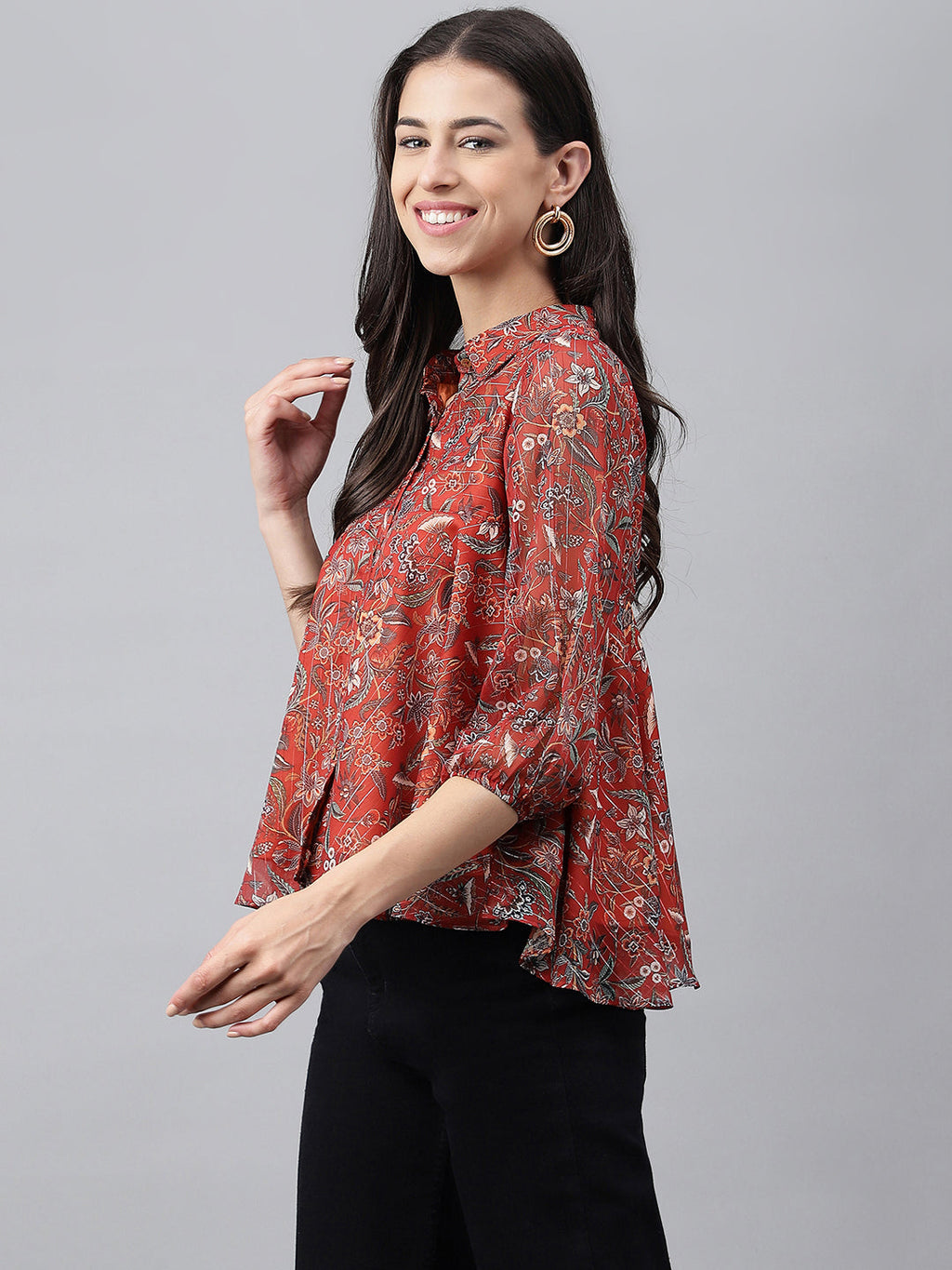 Janasya Women's Rust Chiffon Lurex Digital Printed Casual Flared Top | Grocsy