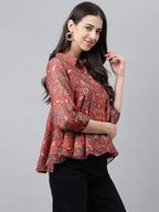 Janasya Women's Rust Chiffon Lurex Digital Printed Casual Flared Top | Grocsy