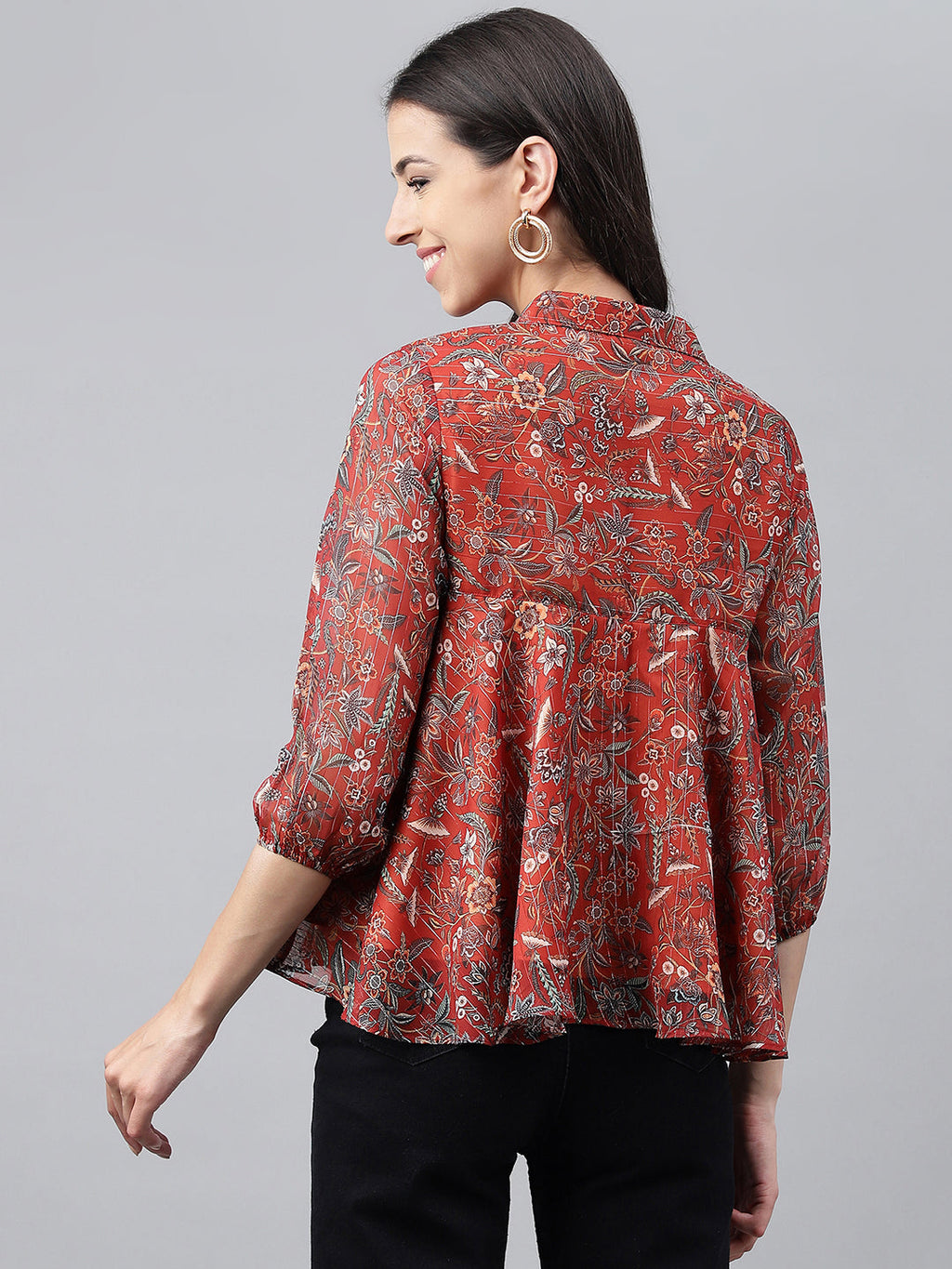 Janasya Women's Rust Chiffon Lurex Digital Printed Casual Flared Top | Grocsy