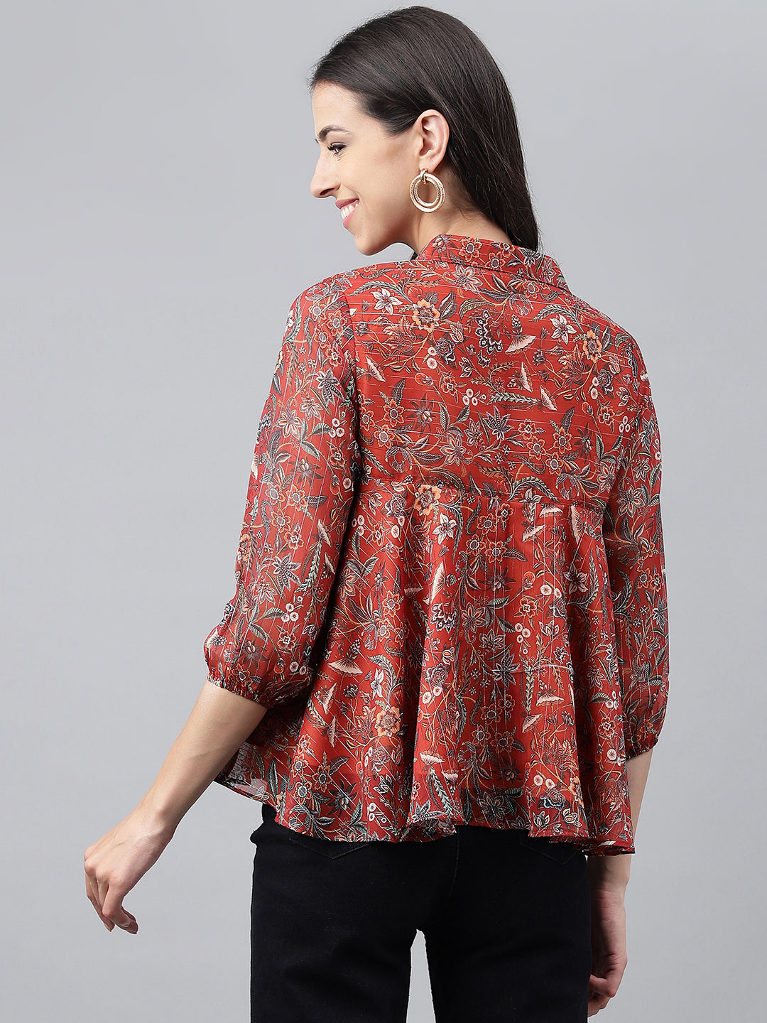 Janasya Women's Rust Chiffon Lurex Digital Printed Casual Flared Top | Grocsy