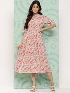 Janasya Women's Peach Cotton Floral Printed Gathered Casual Dress | Grocsy