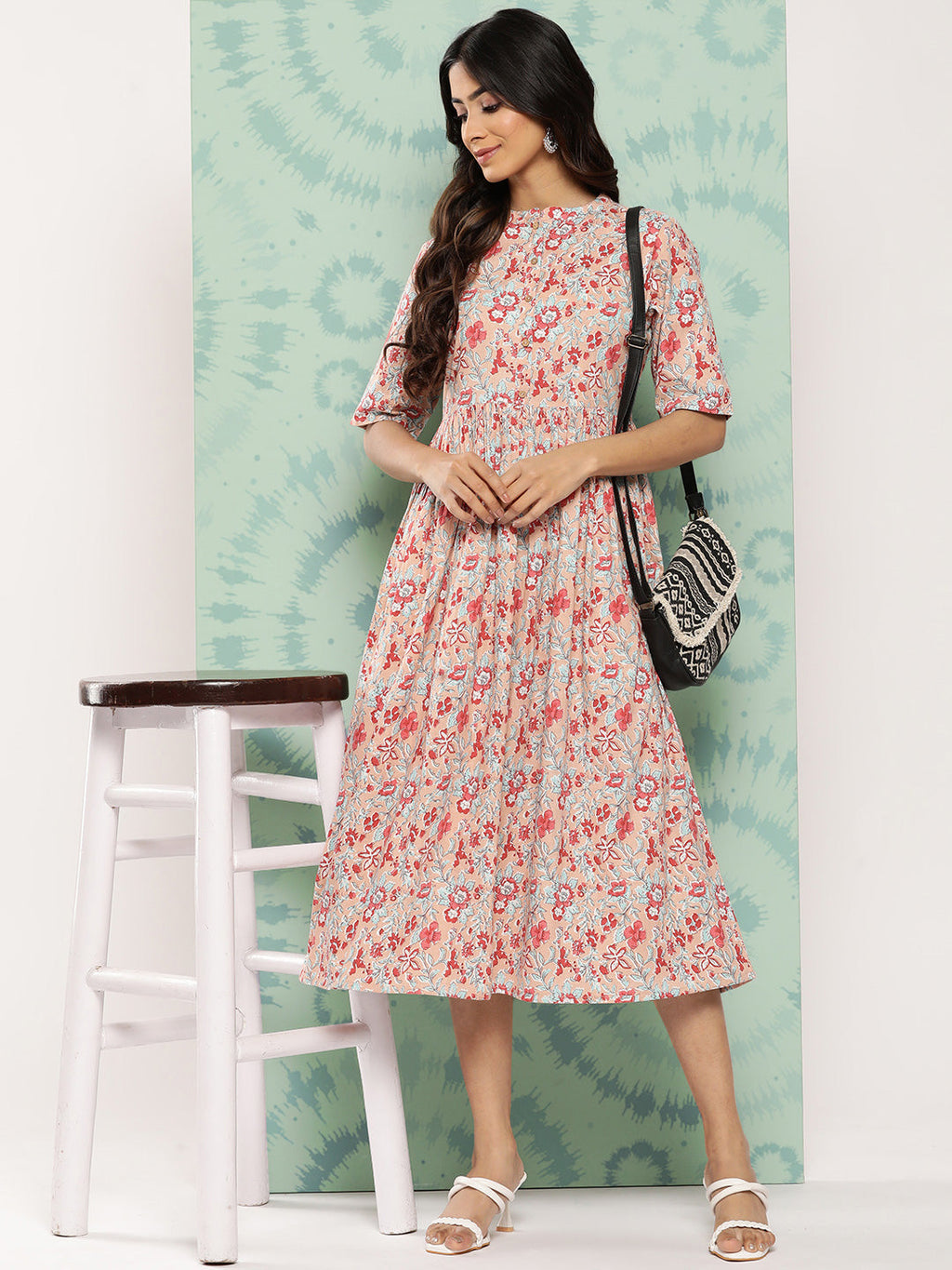 Janasya Women's Peach Cotton Floral Printed Gathered Casual Dress | Grocsy