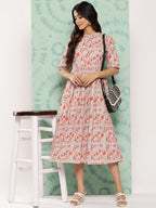 Janasya Women's Peach Cotton Floral Printed Gathered Casual Dress | Grocsy