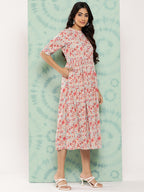 Janasya Women's Peach Cotton Floral Printed Gathered Casual Dress | Grocsy
