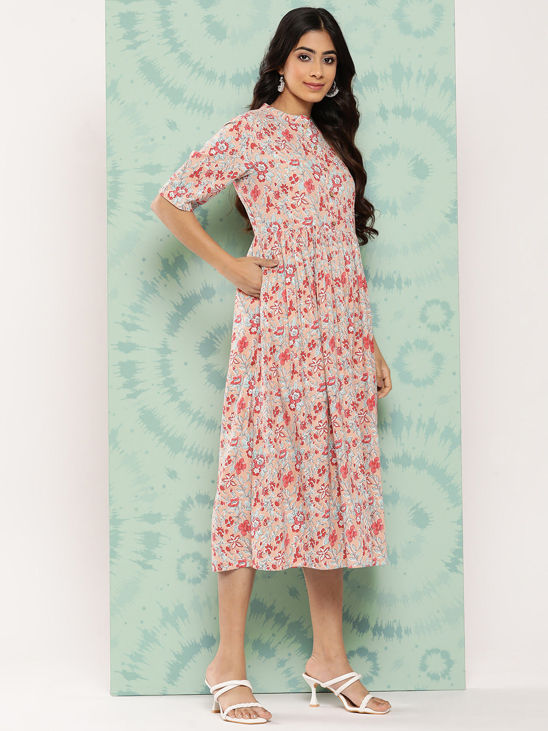 Janasya Women's Peach Cotton Floral Printed Gathered Casual Dress | Grocsy