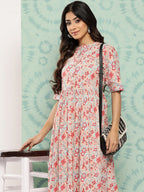 Janasya Women's Peach Cotton Floral Printed Gathered Casual Dress | Grocsy