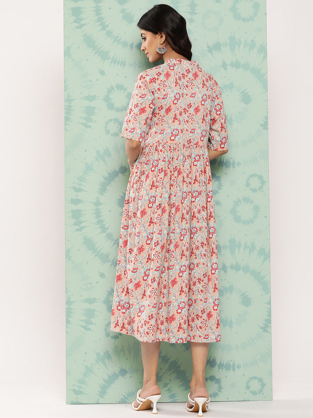 Janasya Women's Peach Cotton Floral Printed Gathered Casual Dress | Grocsy