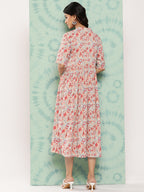 Janasya Women's Peach Cotton Floral Printed Gathered Casual Dress | Grocsy