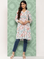Janasya Women's White Cotton Botanical Print Casual Gathered Tunic | Grocsy