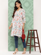 Janasya Women's White Cotton Botanical Print Casual Gathered Tunic | Grocsy