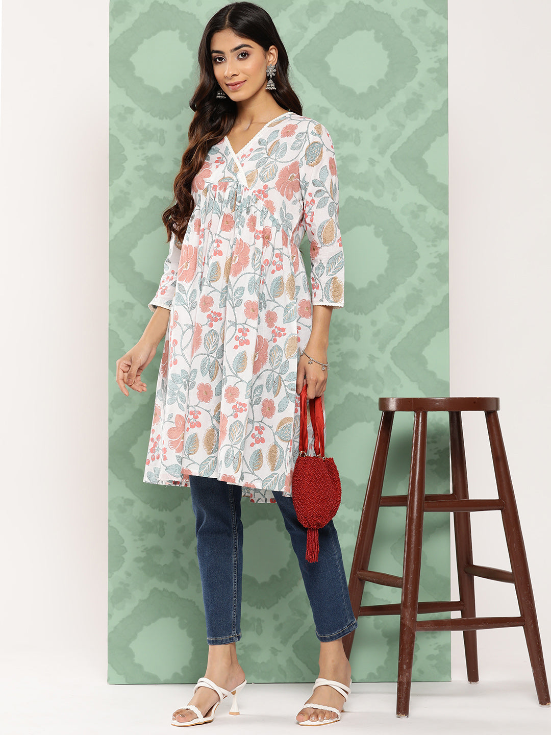 Janasya Women's White Cotton Botanical Print Casual Gathered Tunic | Grocsy