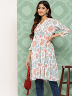 Janasya Women's White Cotton Botanical Print Casual Gathered Tunic | Grocsy