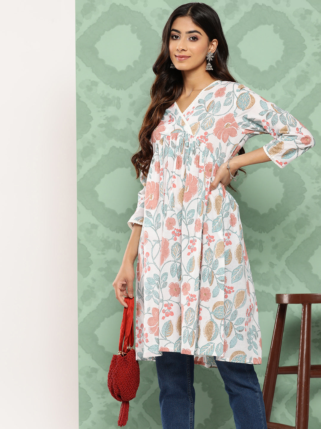 Janasya Women's White Cotton Botanical Print Casual Gathered Tunic | Grocsy