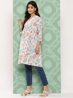 Janasya Women's White Cotton Botanical Print Casual Gathered Tunic | Grocsy