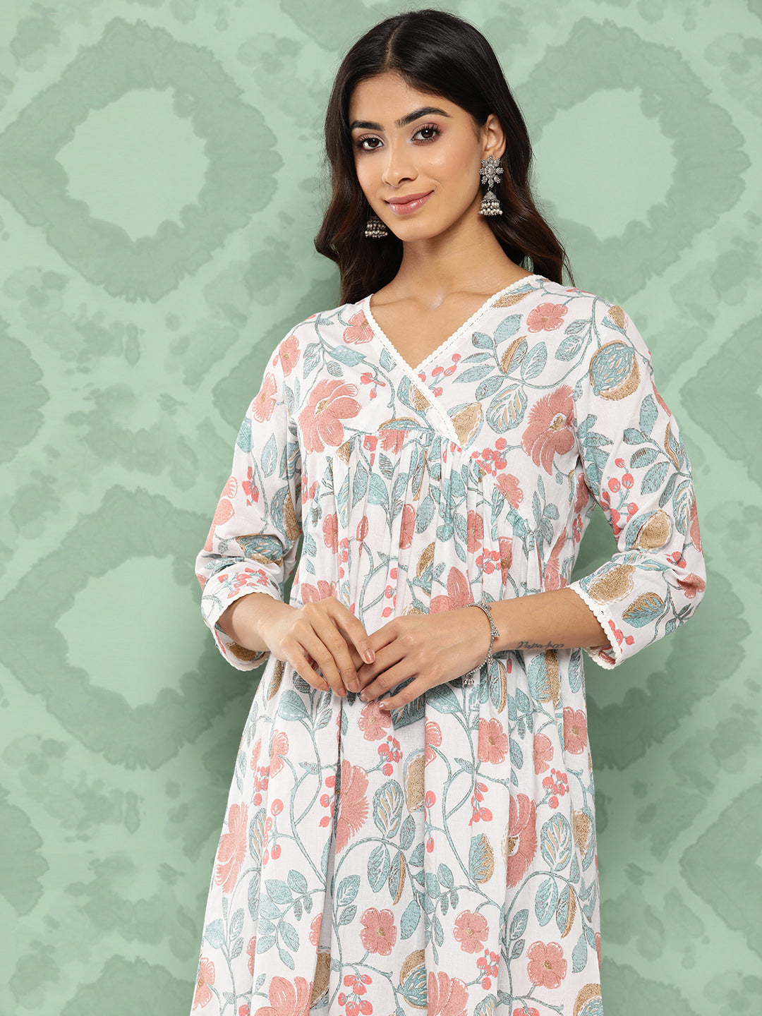 Janasya Women's White Cotton Botanical Print Casual Gathered Tunic | Grocsy