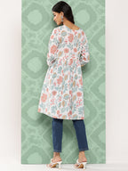Janasya Women's White Cotton Botanical Print Casual Gathered Tunic | Grocsy