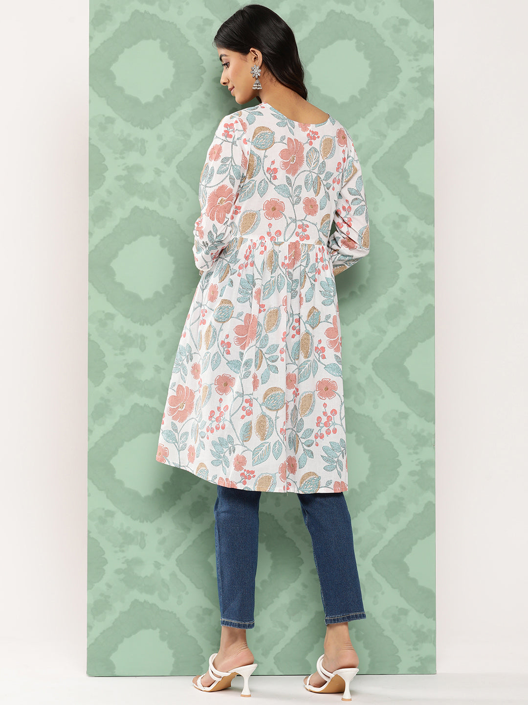 Janasya Women's White Cotton Botanical Print Casual Gathered Tunic | Grocsy