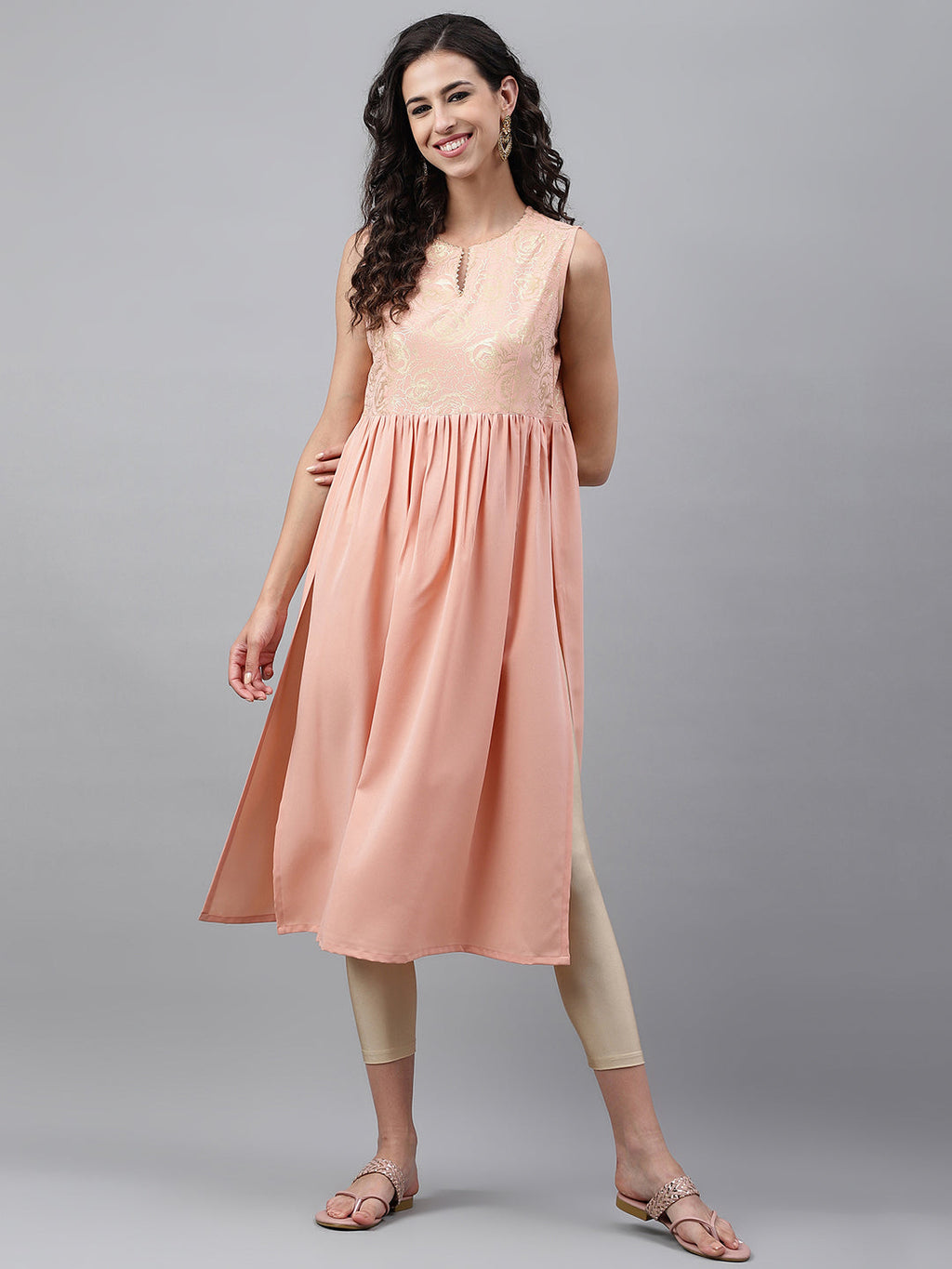 Janasya Women's Peach Crepe Foil Printed Festive Gathered Kurta | Grocsy