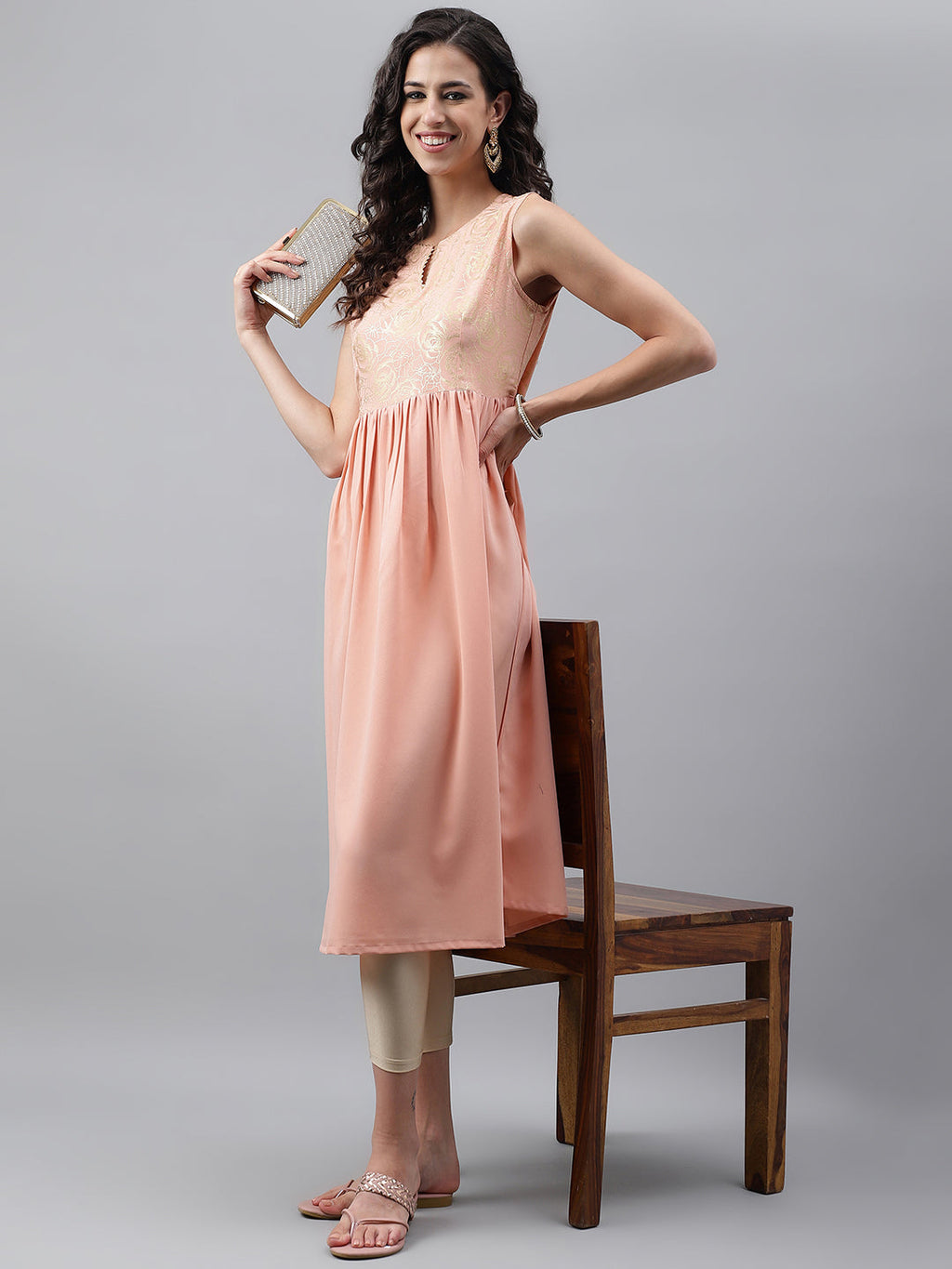 Janasya Women's Peach Crepe Foil Printed Festive Gathered Kurta | Grocsy