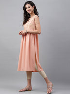 Janasya Women's Peach Crepe Foil Printed Festive Gathered Kurta | Grocsy