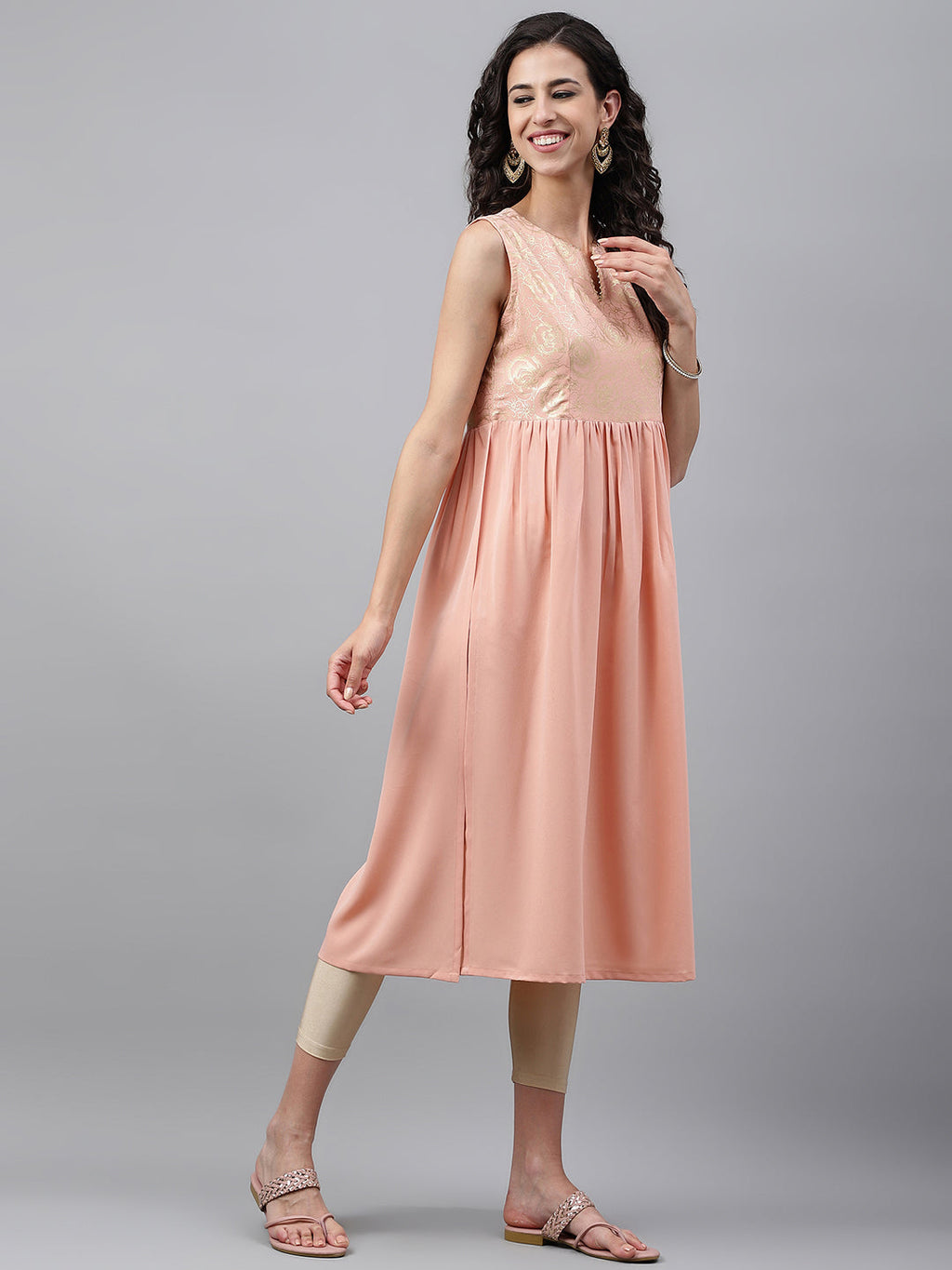 Janasya Women's Peach Crepe Foil Printed Festive Gathered Kurta | Grocsy
