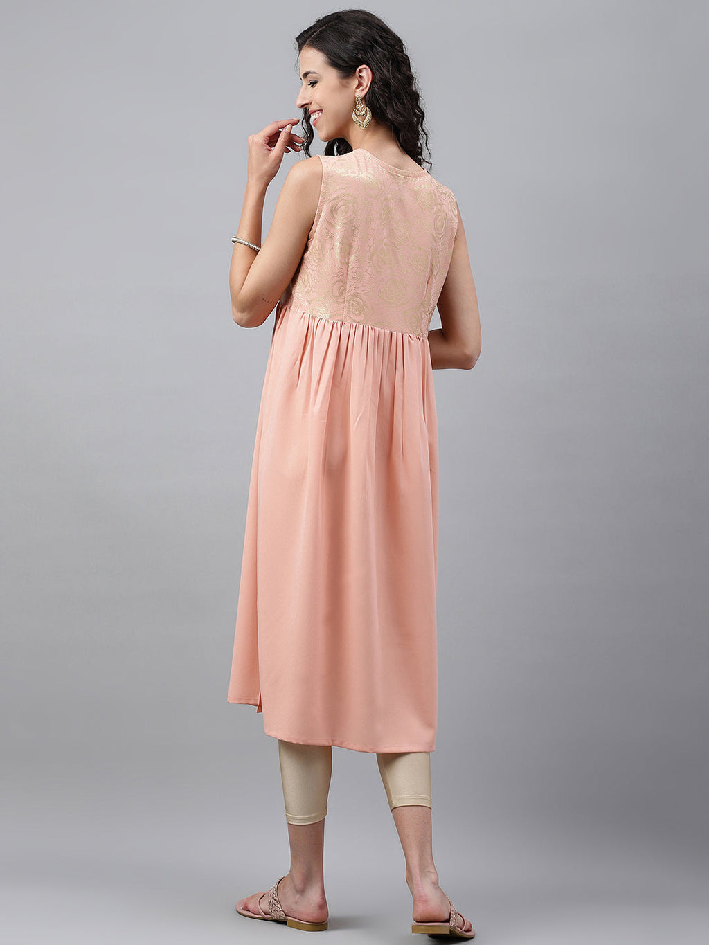 Janasya Women's Peach Crepe Foil Printed Festive Gathered Kurta | Grocsy