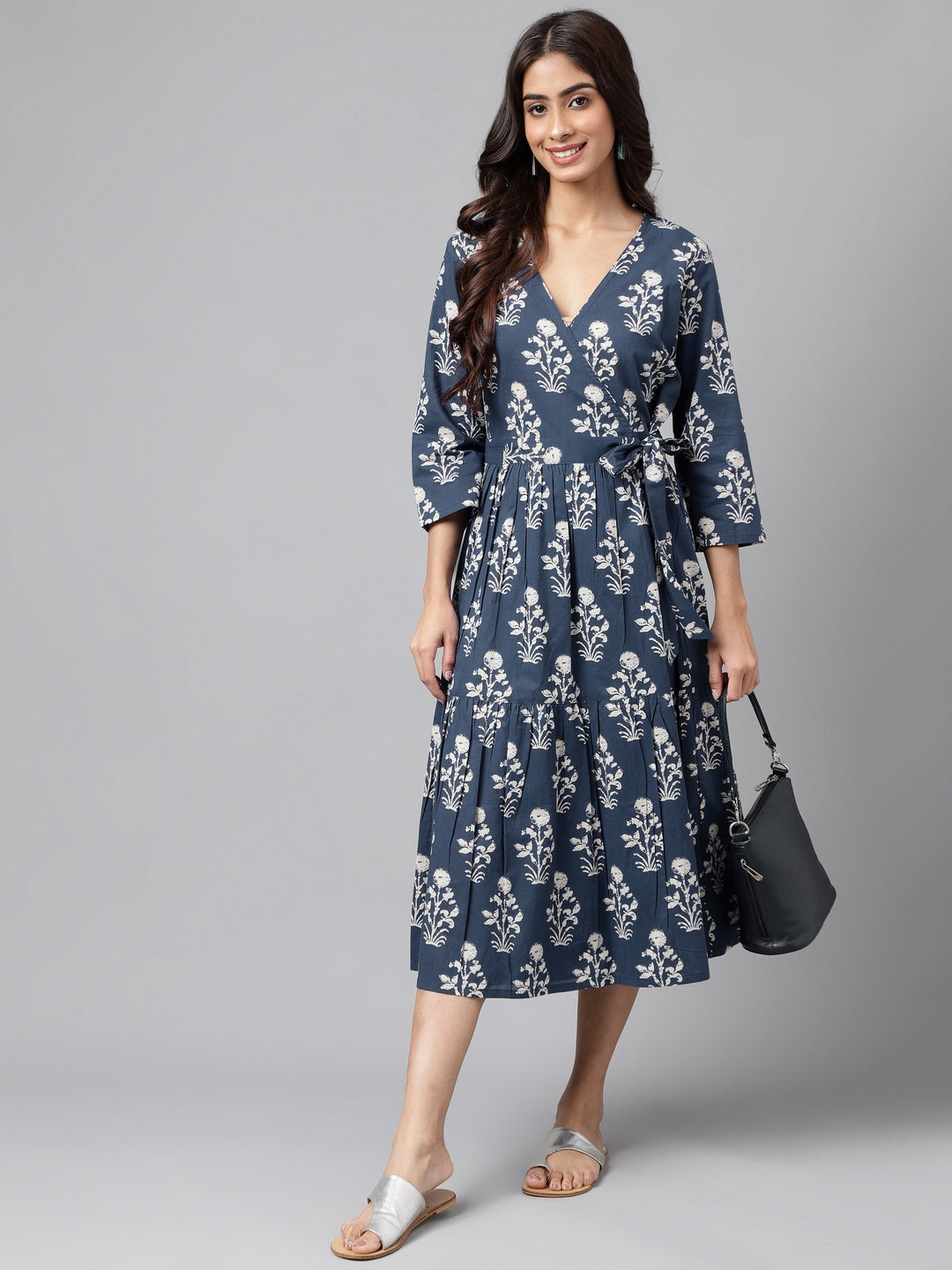 Janasya Women's Navy Blue Cotton Floral Printed Wrap Casual Dress | Grocsy