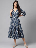 Janasya Women's Navy Blue Cotton Floral Printed Wrap Casual Dress | Grocsy
