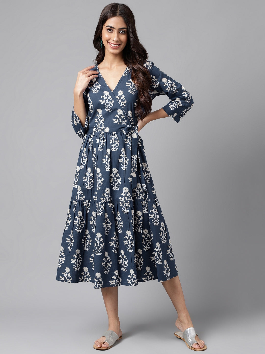 Janasya Women's Navy Blue Cotton Floral Printed Wrap Casual Dress | Grocsy