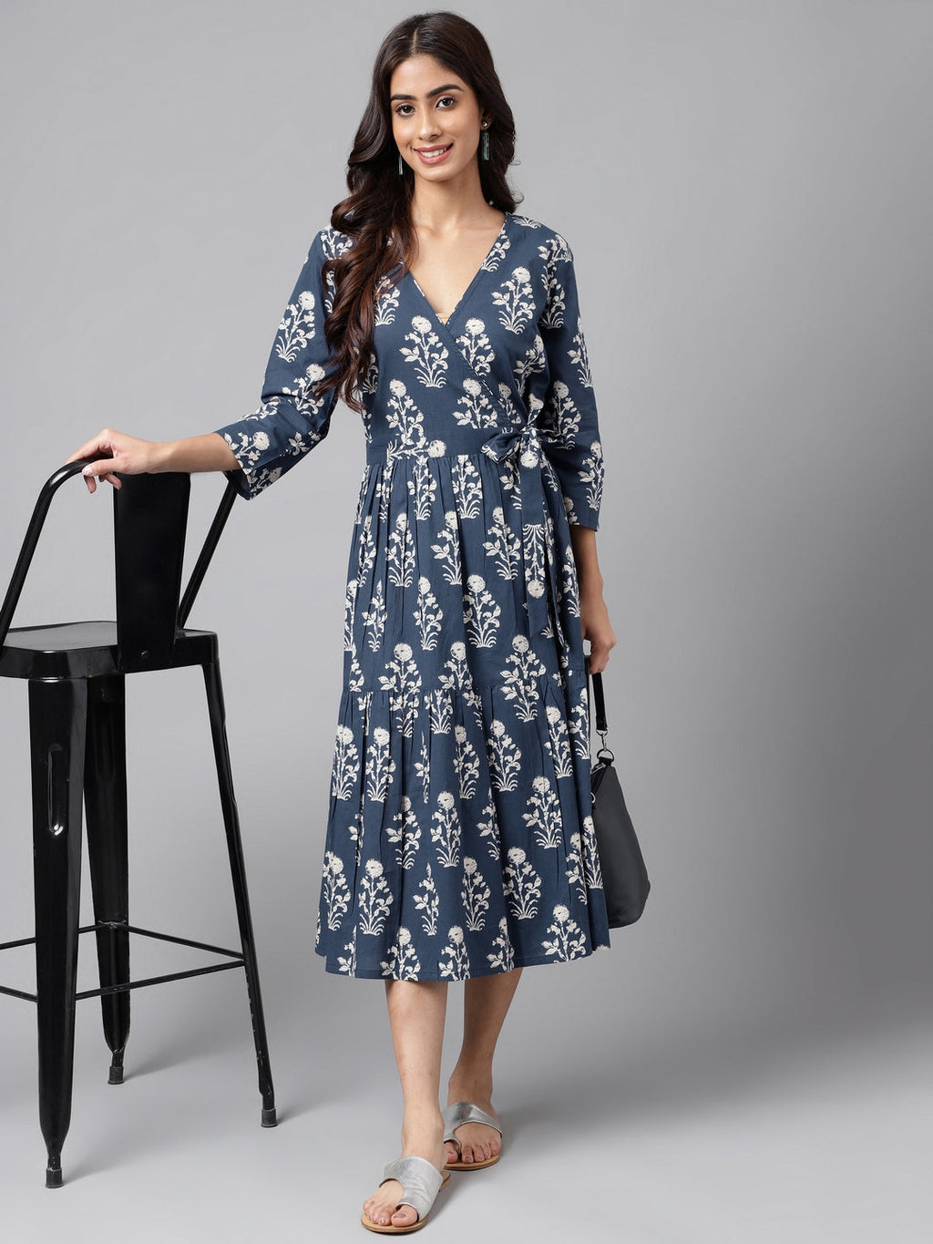 Janasya Women's Navy Blue Cotton Floral Printed Wrap Casual Dress | Grocsy