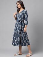 Janasya Women's Navy Blue Cotton Floral Printed Wrap Casual Dress | Grocsy