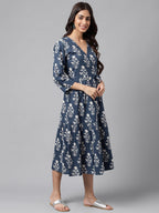 Janasya Women's Navy Blue Cotton Floral Printed Wrap Casual Dress | Grocsy