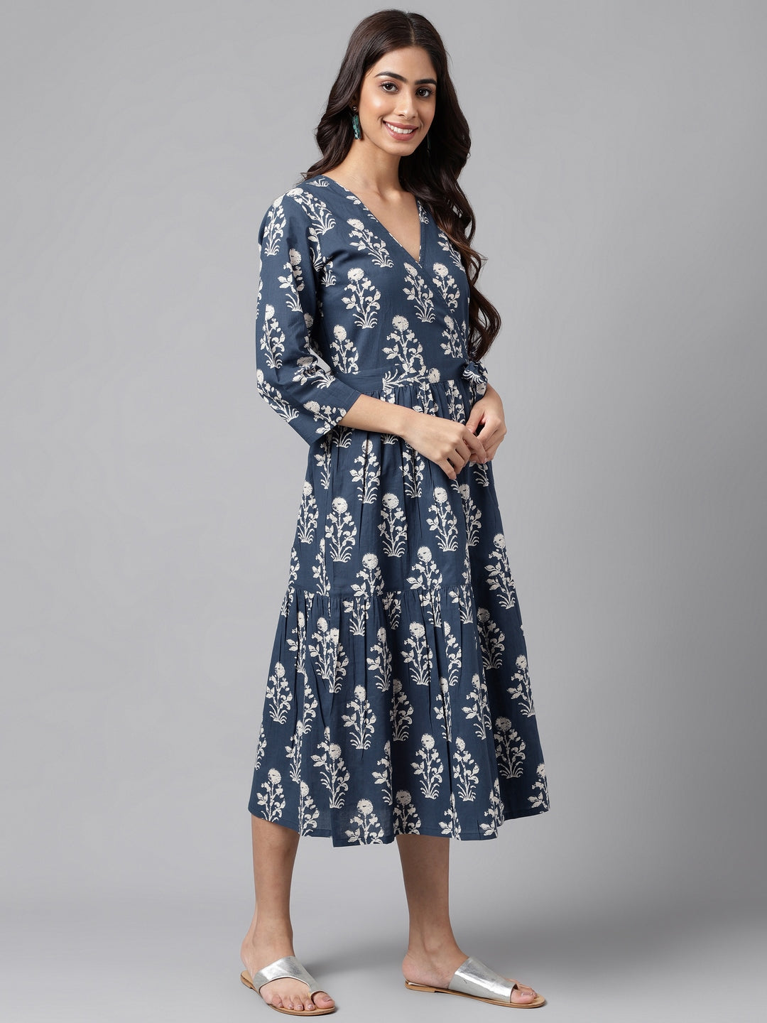 Janasya Women's Navy Blue Cotton Floral Printed Wrap Casual Dress | Grocsy