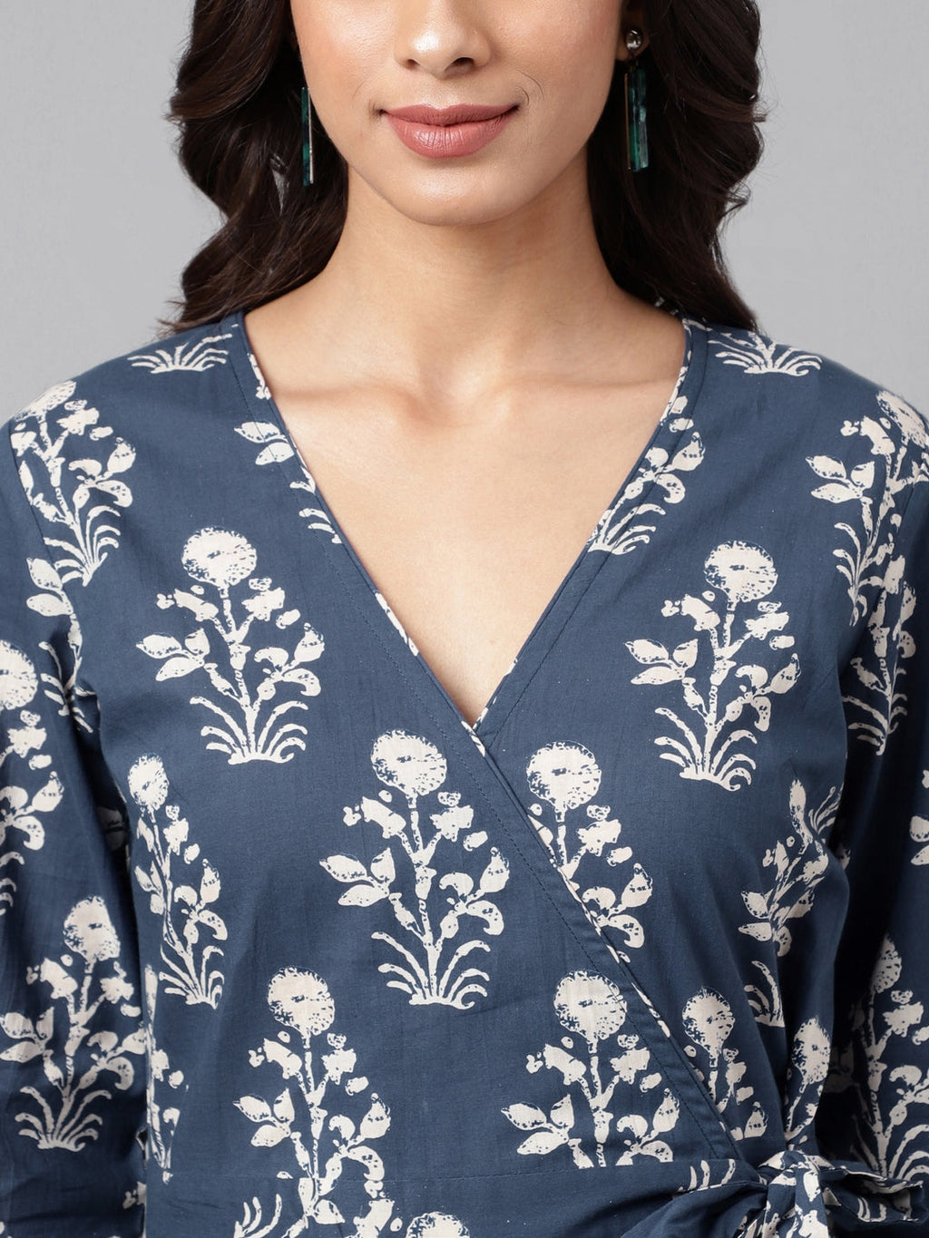 Janasya Women's Navy Blue Cotton Floral Printed Wrap Casual Dress | Grocsy