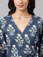 Janasya Women's Navy Blue Cotton Floral Printed Wrap Casual Dress | Grocsy