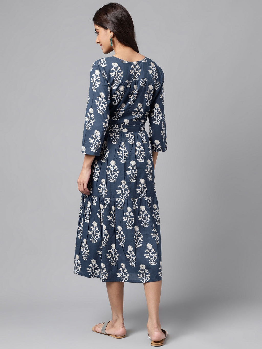 Janasya Women's Navy Blue Cotton Floral Printed Wrap Casual Dress | Grocsy