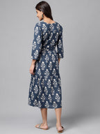 Janasya Women's Navy Blue Cotton Floral Printed Wrap Casual Dress | Grocsy