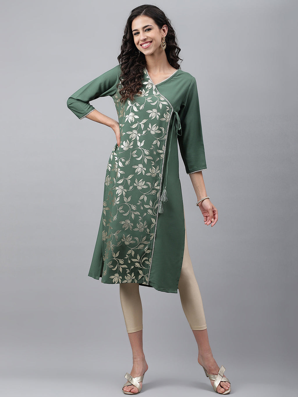 Janasya Women's Green Crepe Foil Printed Festive Angrakha Kurta | Grocsy