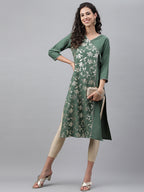 Janasya Women's Green Crepe Foil Printed Festive Angrakha Kurta | Grocsy