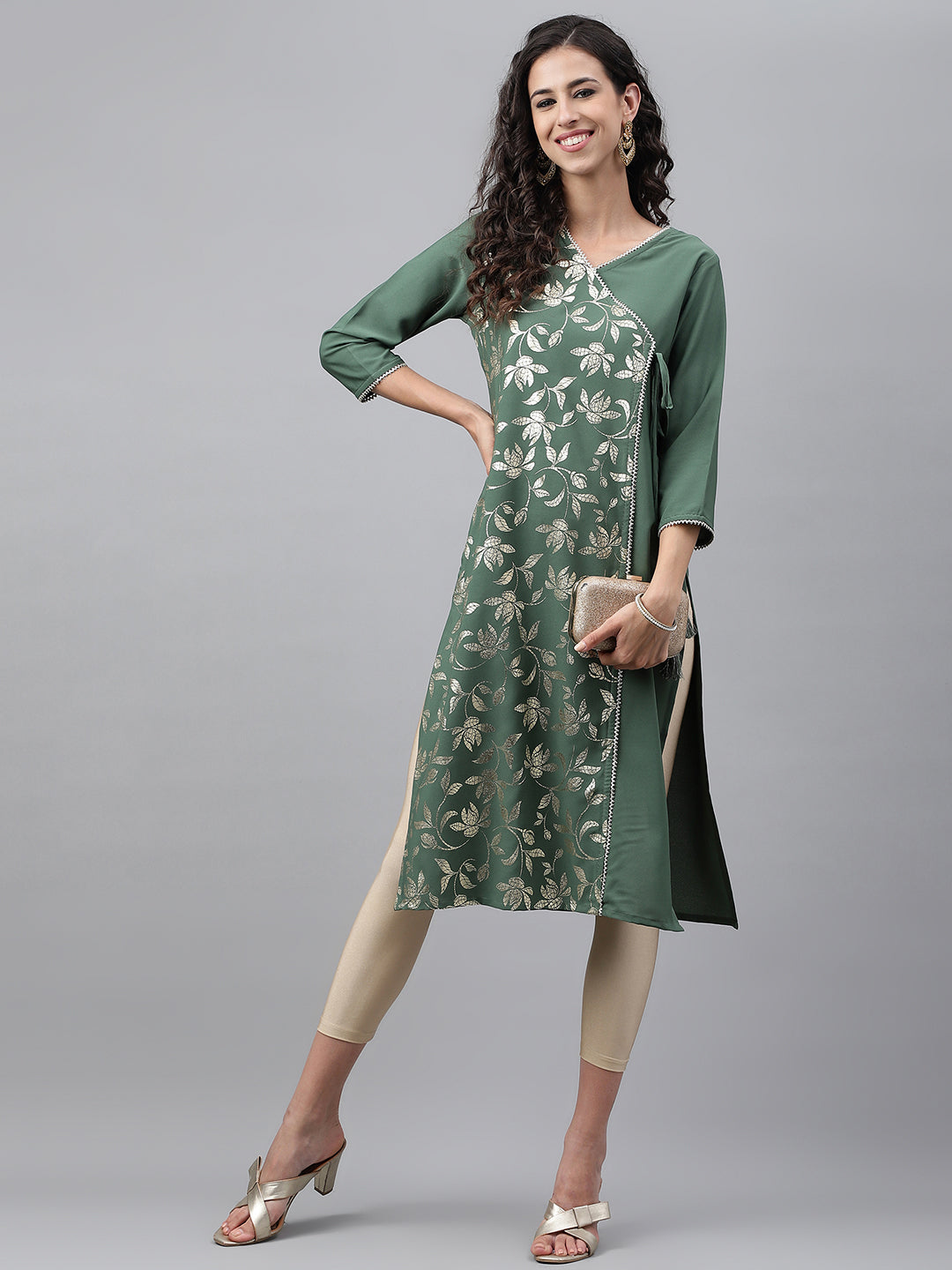 Janasya Women's Green Crepe Foil Printed Festive Angrakha Kurta | Grocsy