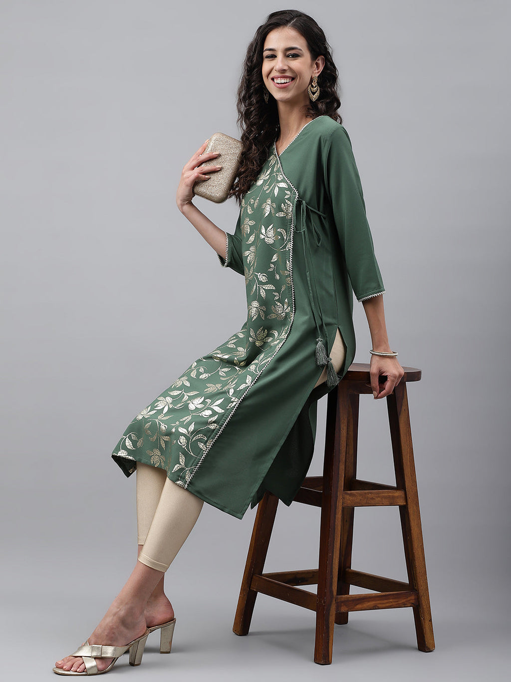 Janasya Women's Green Crepe Foil Printed Festive Angrakha Kurta | Grocsy