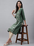 Janasya Women's Green Crepe Foil Printed Festive Angrakha Kurta | Grocsy