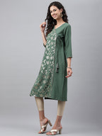 Janasya Women's Green Crepe Foil Printed Festive Angrakha Kurta | Grocsy