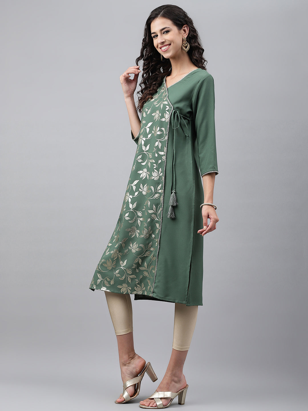 Janasya Women's Green Crepe Foil Printed Festive Angrakha Kurta | Grocsy