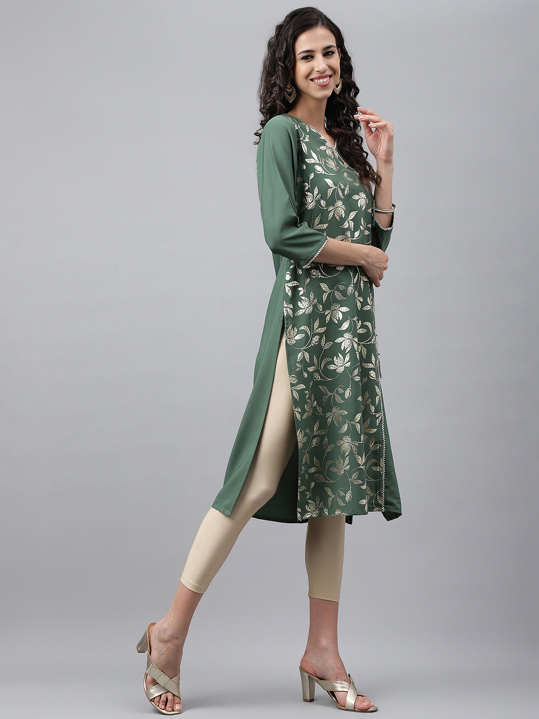 Janasya Women's Green Crepe Foil Printed Festive Angrakha Kurta | Grocsy