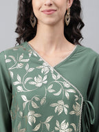 Janasya Women's Green Crepe Foil Printed Festive Angrakha Kurta | Grocsy