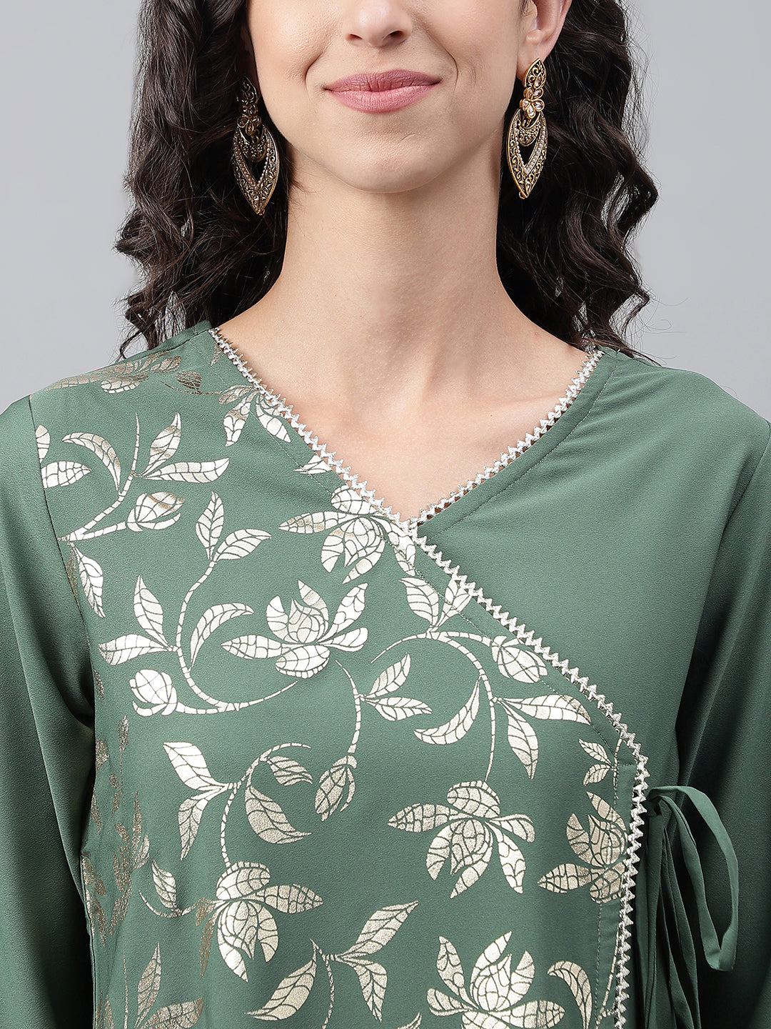 Janasya Women's Green Crepe Foil Printed Festive Angrakha Kurta | Grocsy