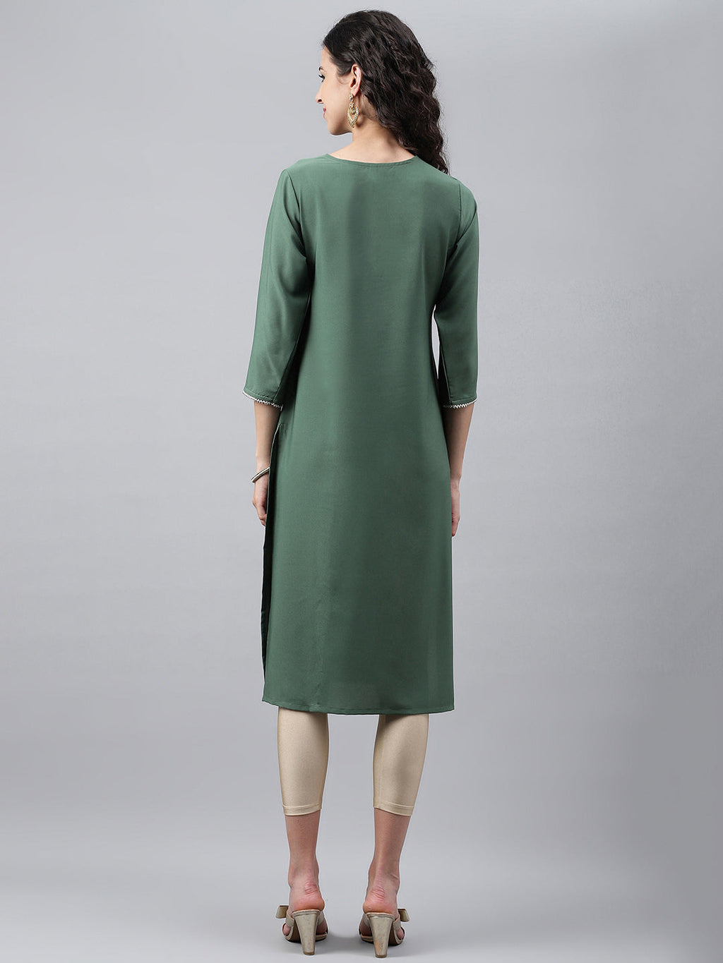 Janasya Women's Green Crepe Foil Printed Festive Angrakha Kurta | Grocsy