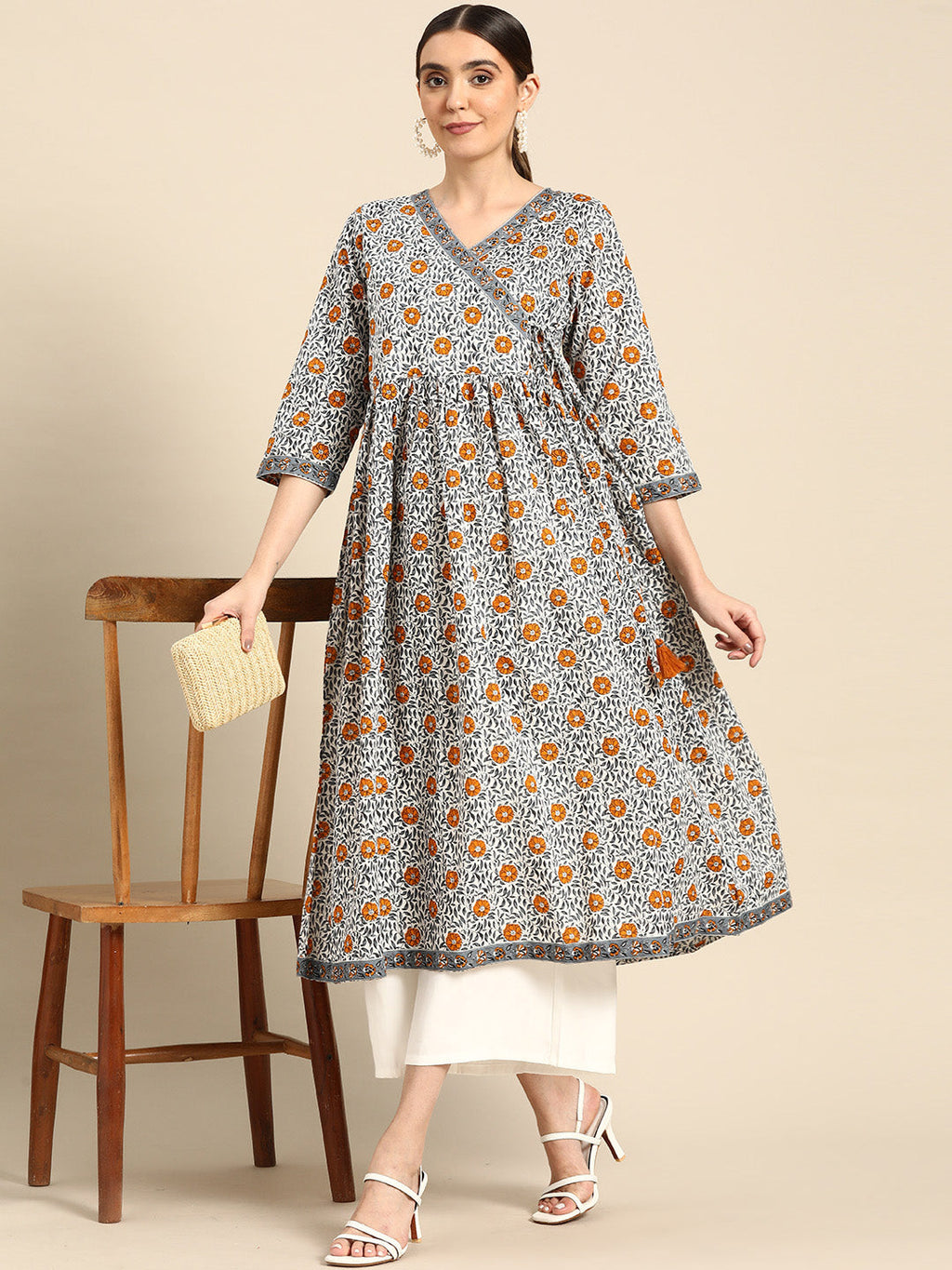 Janasya Women's White Cotton Floral Printed Casual Angrakha Kurta | Grocsy