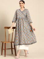 Janasya Women's White Cotton Floral Printed Casual Angrakha Kurta | Grocsy